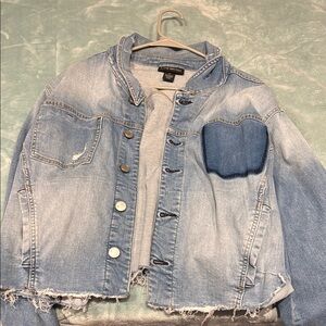 Light Blue Denim Jacket with Distressed Hem